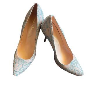 Luiza Barcelos Women’s High Heels Tan-Beige Baby-Blue Embroidery Size 6B Leather